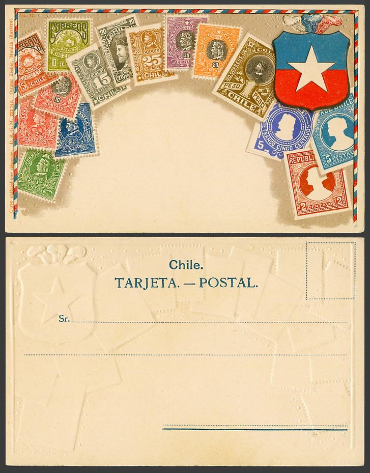 CHILE Montage Vintage Stamps Coat of Arms Illus Stamp Card Old Embossed Postcard