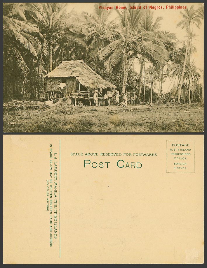 Philippines Old Postcard Visayan Home, Island of Negros, Native House Hut, Palms