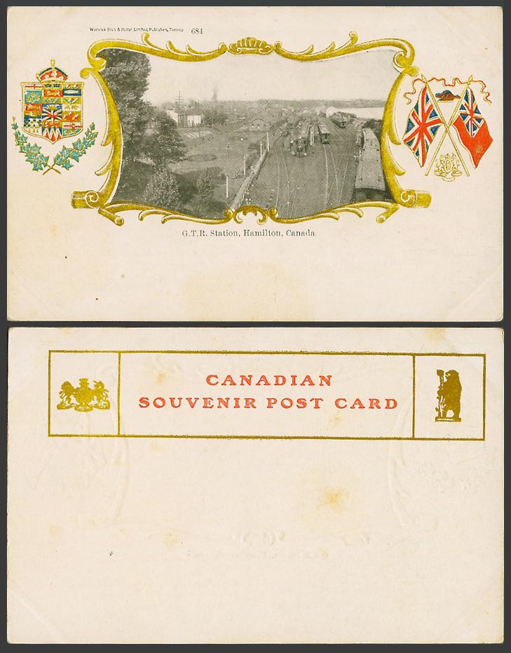 Canada Old Postcard G.T.R. Railway Station Hamilton Locomotive Trains Arms Flags