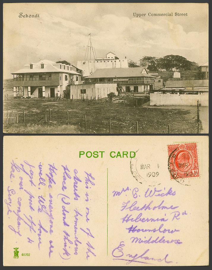 Gold Coast Ghana KE7 1d 1909 Old Postcard Sekondi, Upper Commercial Street Scene