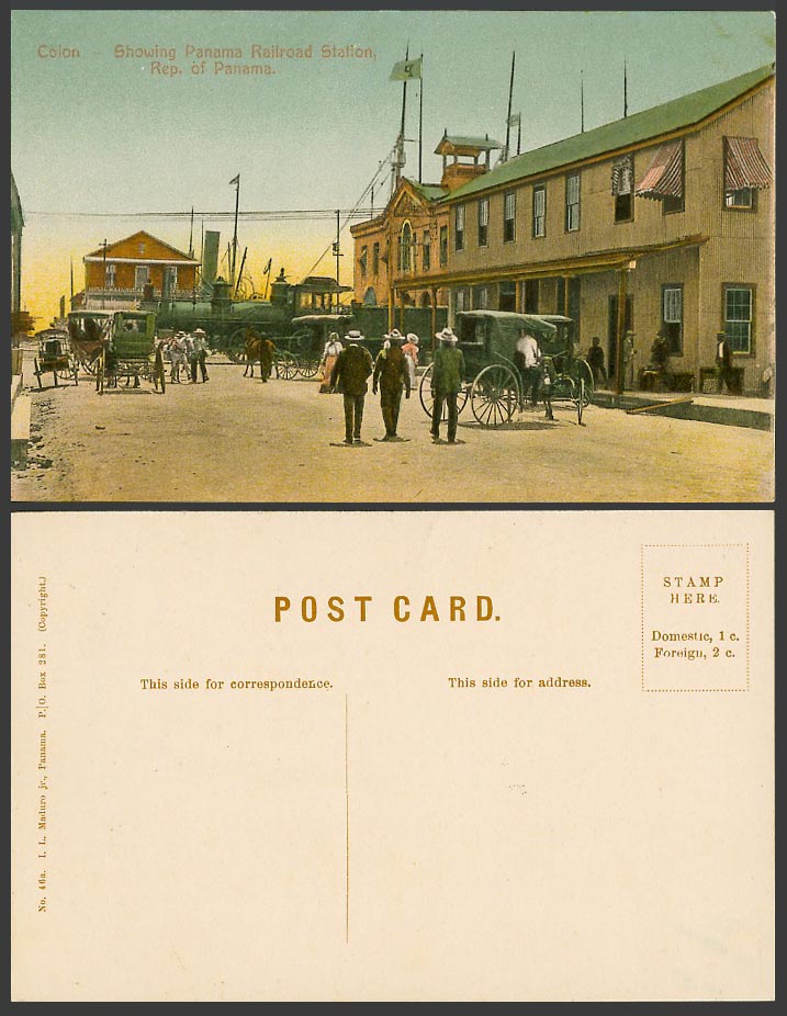 Panama Railroad Station Colon Railway Locomotive Train Street Scene Old Postcard