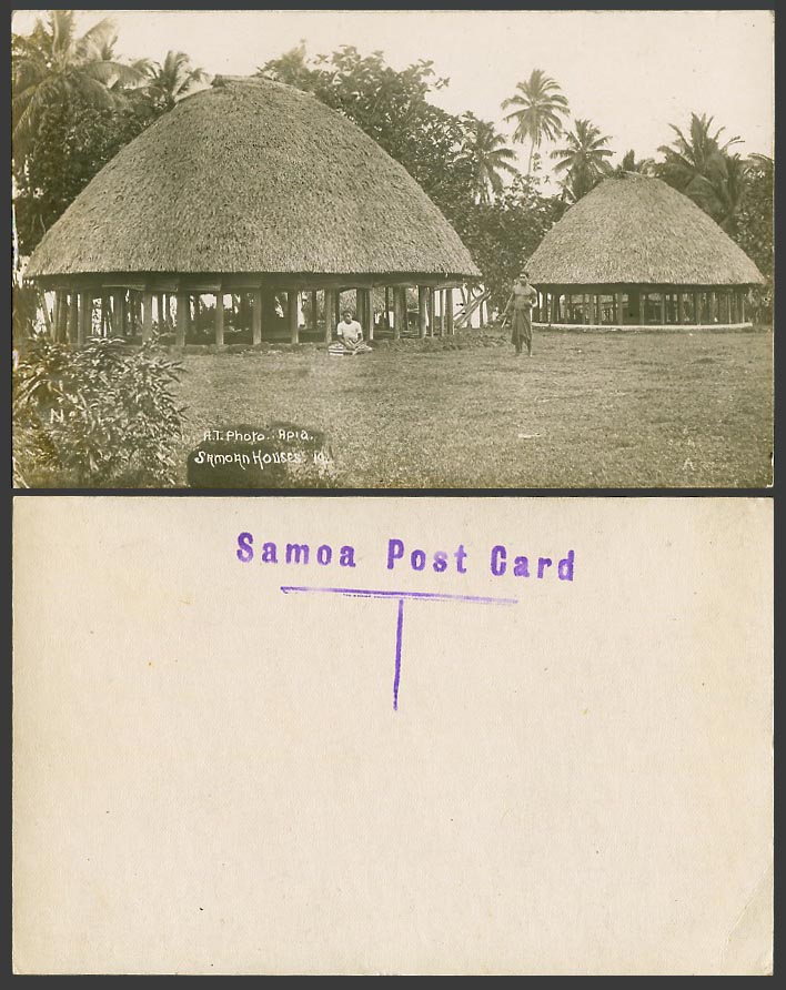 Samoa Old Real Photo Postcard Native Samoan Houses Men Palm Trees, AT Photo Apia