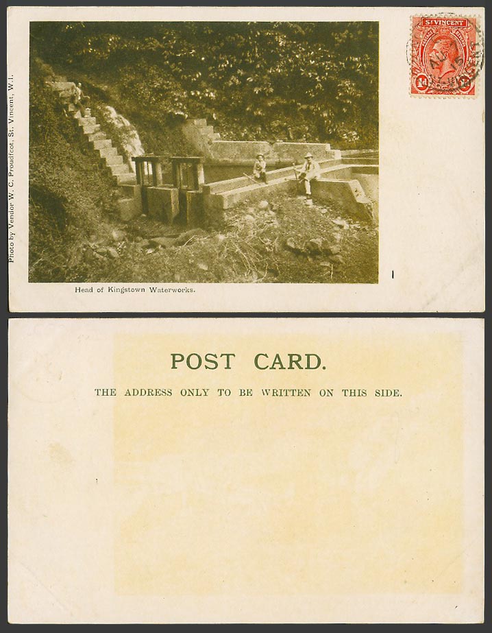 St. Saint Vincent KG5 1d 1915 Old UB Postcard Head of Kingstown Waterworks B.W.I
