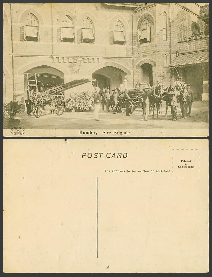 India Old Postcard Bombay, Fire Brigade, Firefighters Firefighting, Horses Carts