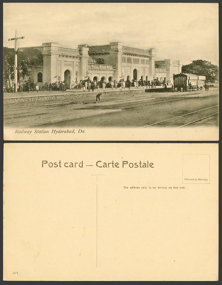India Old Postcard Hyderabad Dn Train Railway Station Railroads Cross Passengers