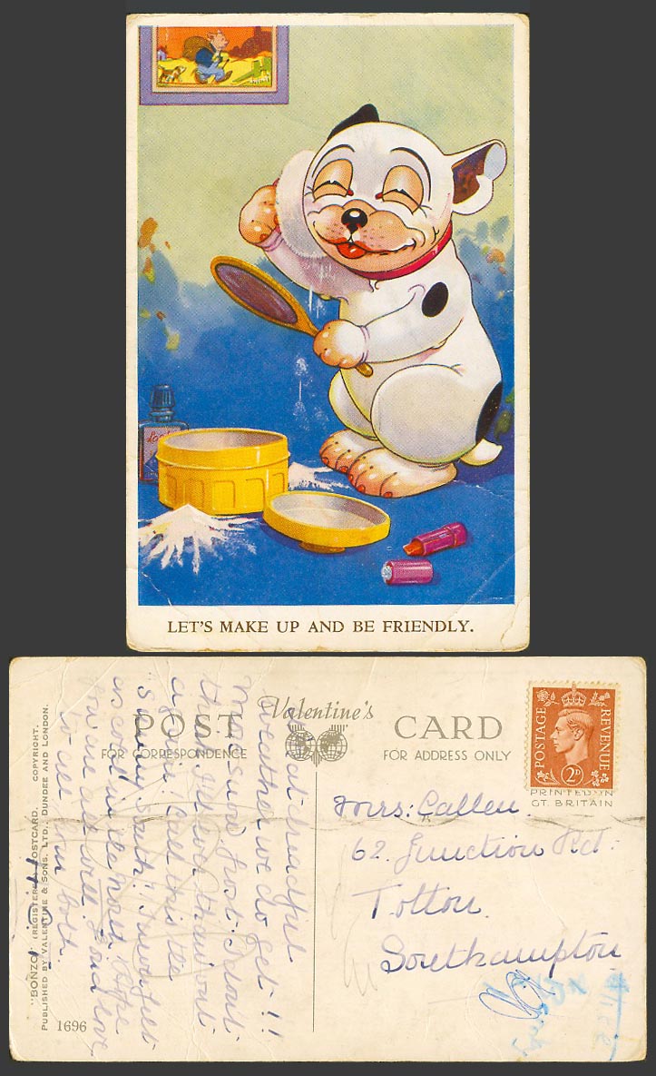 BONZO DOG GE Studdy Old Postcard Let's Make Up and Be Friendly. Powder Puff 1696