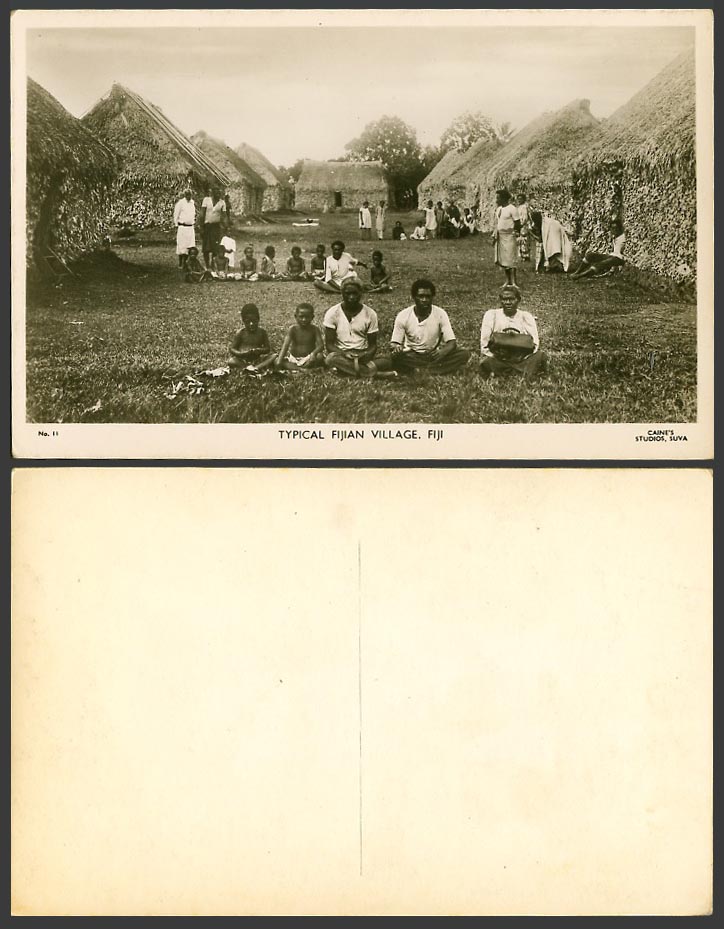 Fiji Old Real Photo Postcard Typical Fijian Village, Native Houses Huts Children