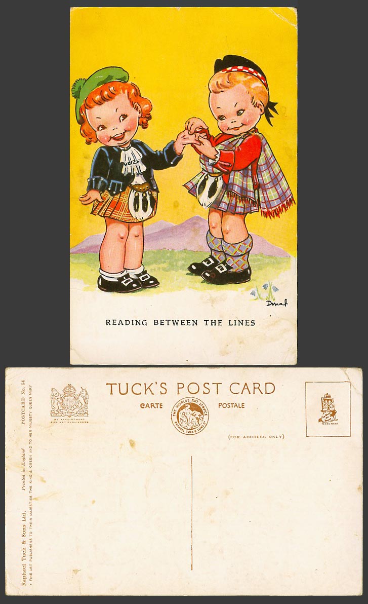 DINAH Artist Signed Old Postcard Reading Between The Lines Scottish Boy and Girl