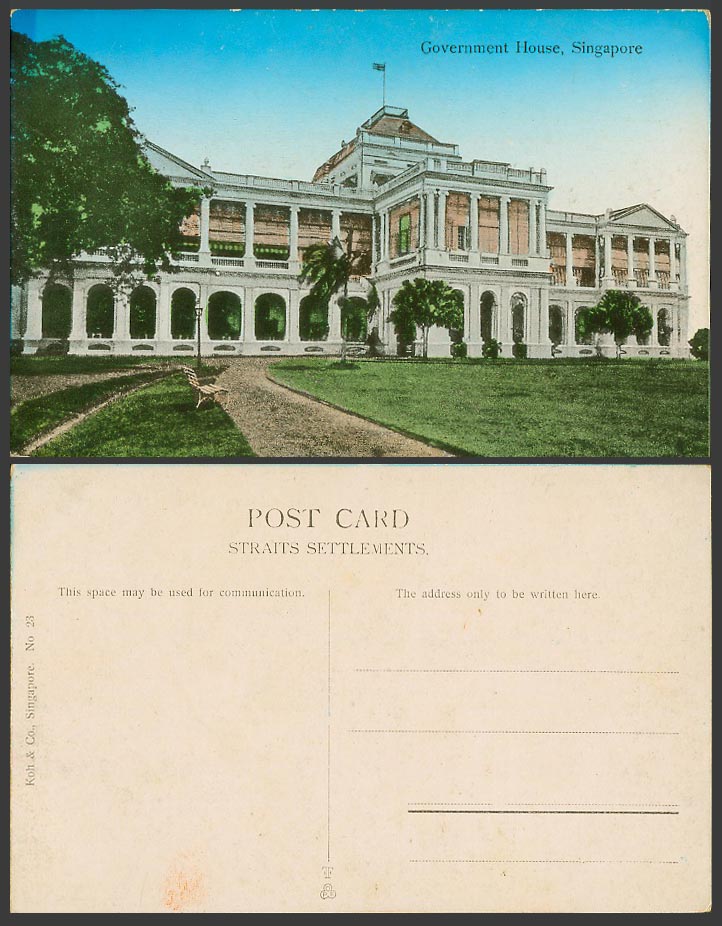 Singapore Old Hand Tinted Postcard Government House, Flag Palm Tree Bench Malaya