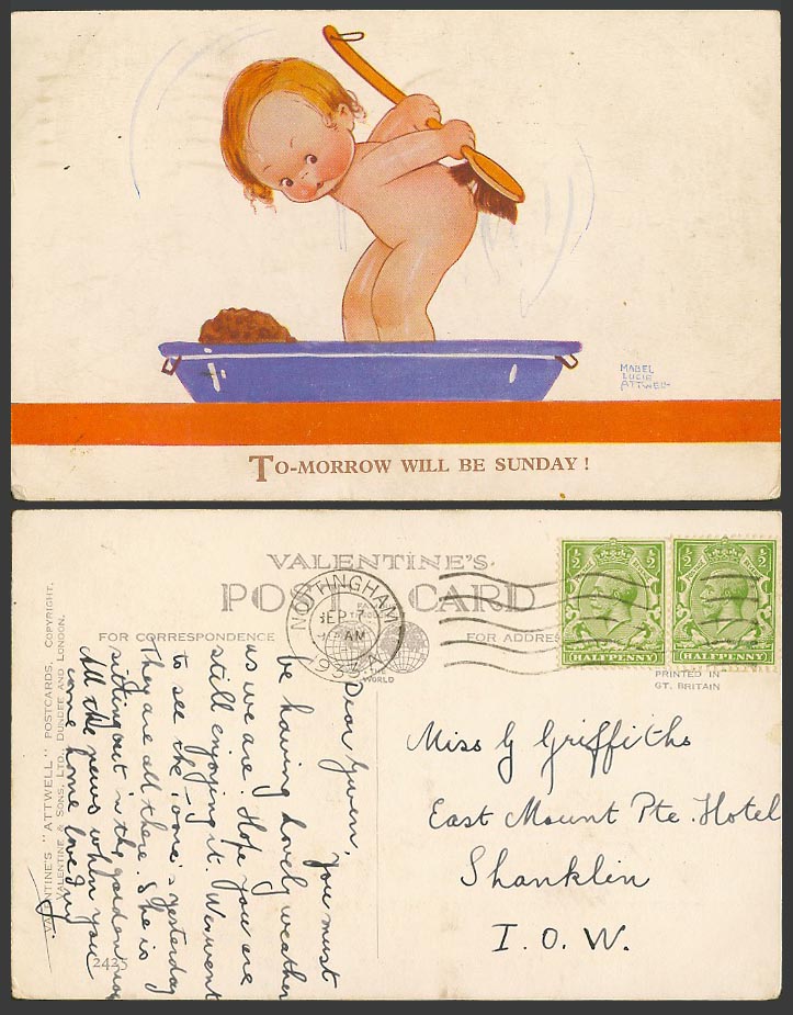 MABEL LUCIE ATTWELL 1933 Old Postcard Tomorrow will be Sunday Bathtub Brush 2425