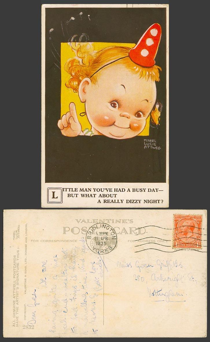 MABEL LUCIE ATTWELL 1935 Old Postcard Girl Busy Day - A Really Dizzy Night? 2832