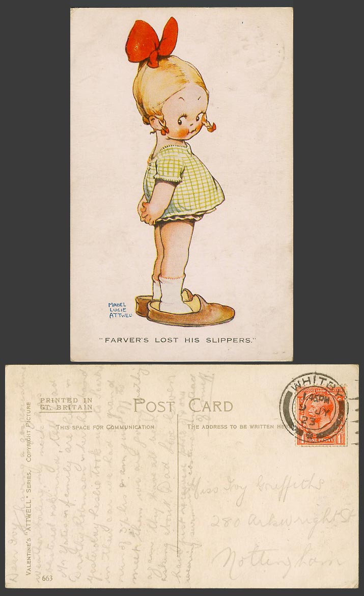 MABEL LUCIE ATTWELL 1923 Old Postcard Girl Father Farver's Lost His Slippers 663