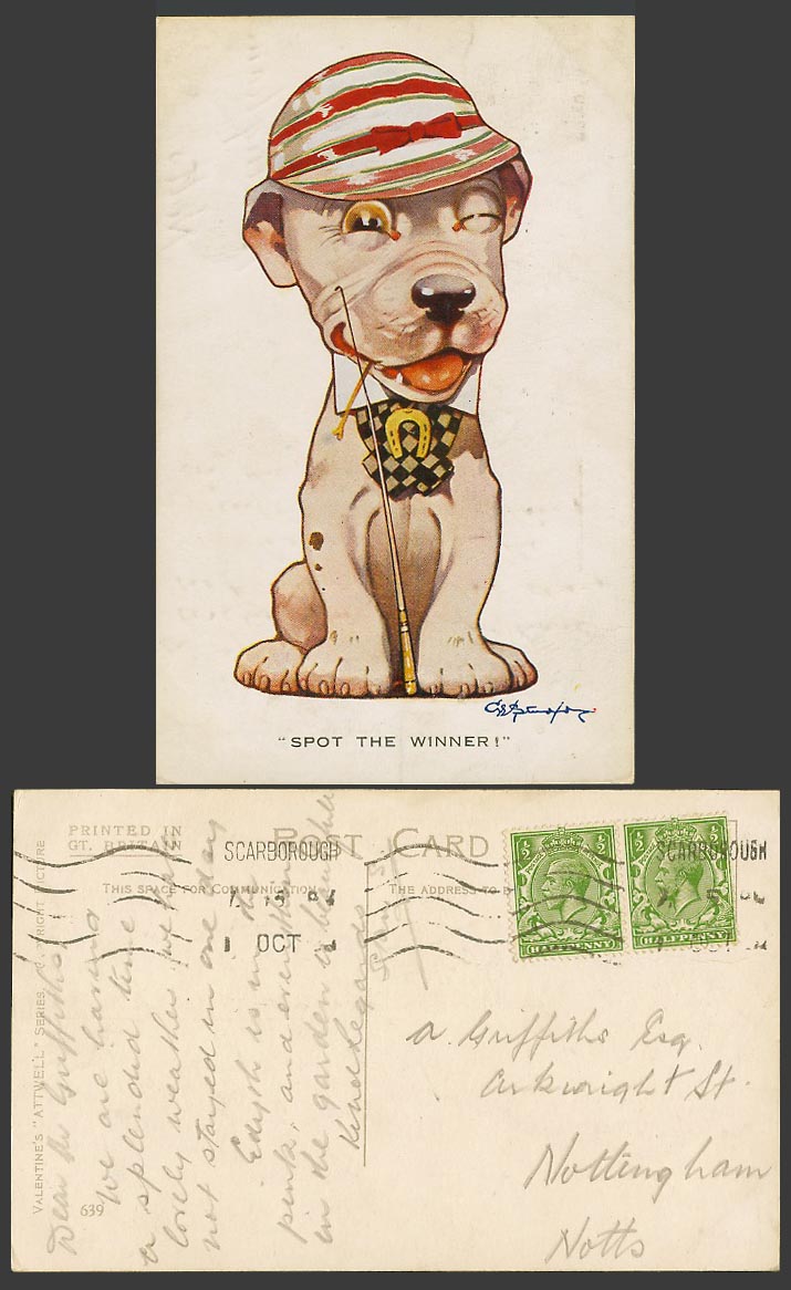 BONZO DOG GE Studdy Old Postcard Spot The Winner! Puppy, Horseshoe Hat Stick 639
