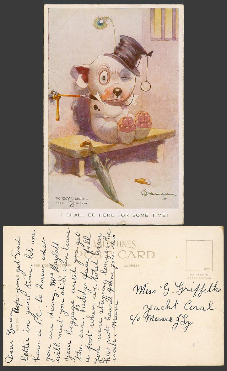 BONZO Dog GE Studdy Old Postcard I'll Be Here for Some Time Peacock Feather 1130