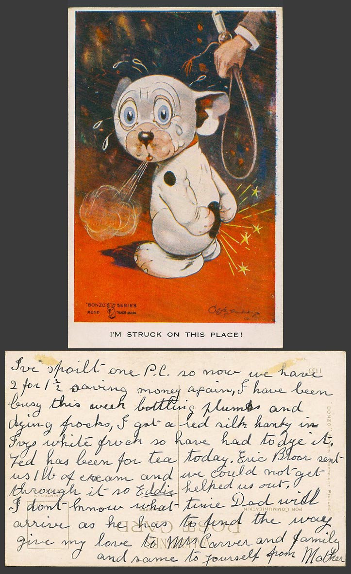 BONZO DOG GE Studdy Signed Old Postcard I'm Struck on This Place Whip Puppy 1133