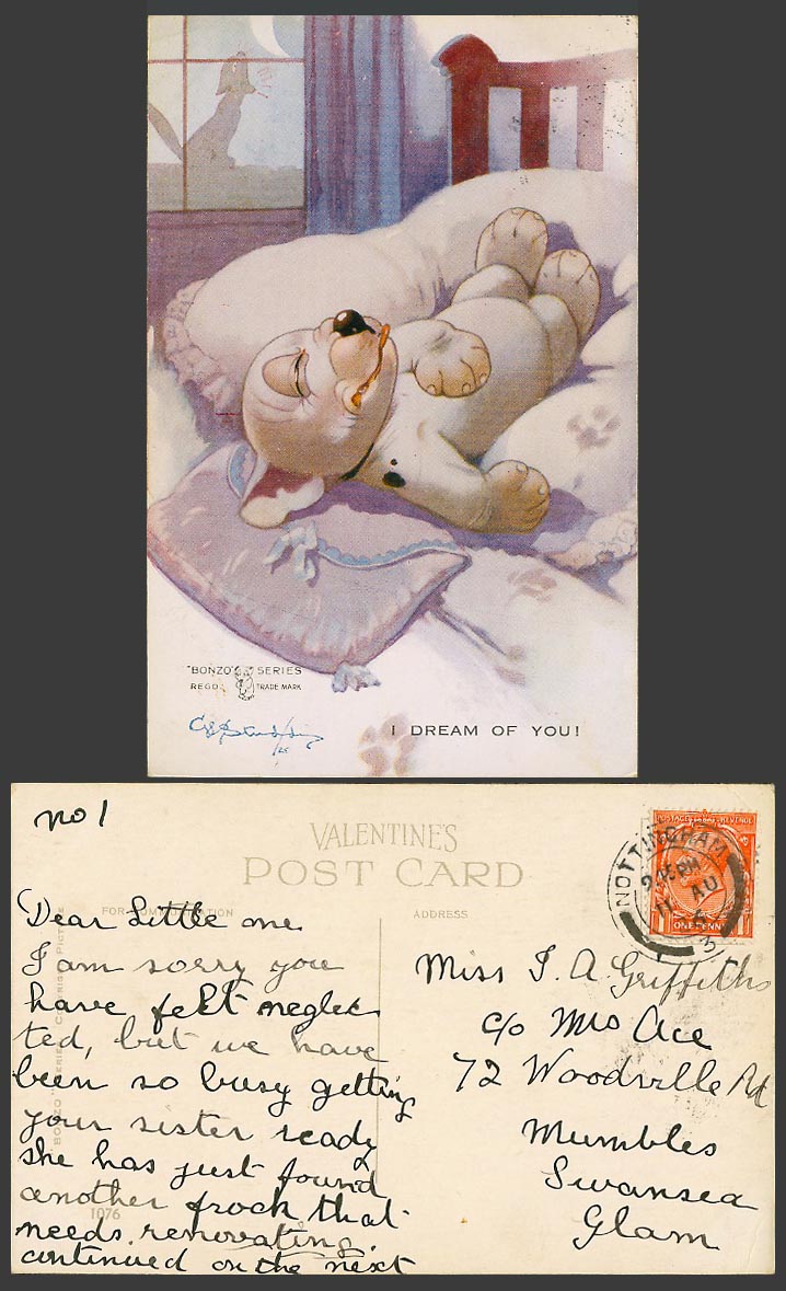BONZO DOG GE Studdy 1926 Old Postcard I Dream of You! Puppy on Bed w Pillow 1076