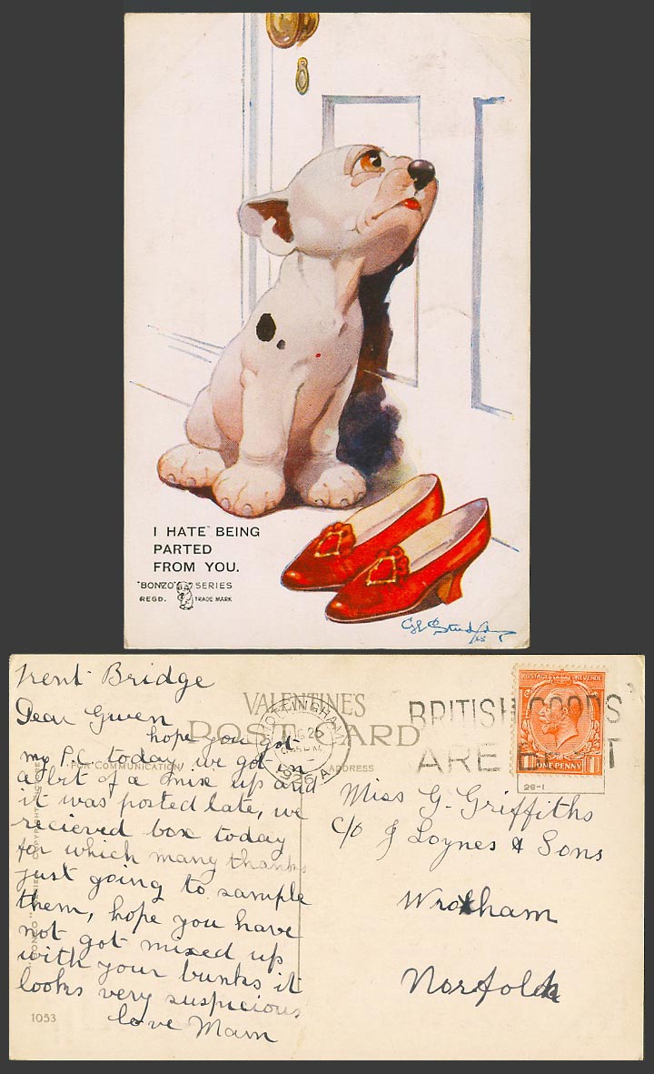 BONZO DOG GE Studdy 1926 Old Postcard I Hate Being Parted from You Red Shoe 1053