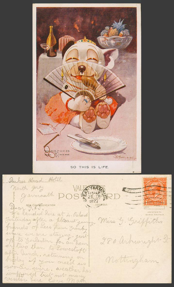 BONZO DOG GE Studdy 1927 Old Postcard So This Is Life, Crown Fan Pineapple 1127