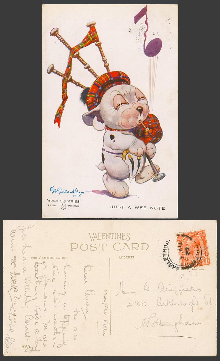 BONZO DOG GE Studdy KG5 1927 Old Postcard Just a Wee Note, Scottish Bagpipe 1060