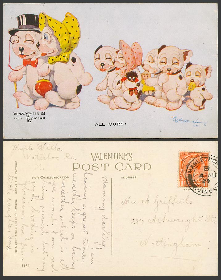 BONZO Dog GE Studdy 1927 Old Postcard All Ours! Dummy Pacifier Dogs Puppies 1131