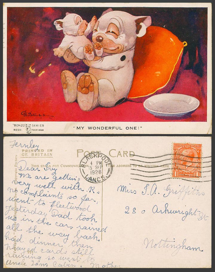 BONZO DOG G.E. Studdy 1926 Old Postcard My Wonderful One! Puppy Dogs Cushion 931
