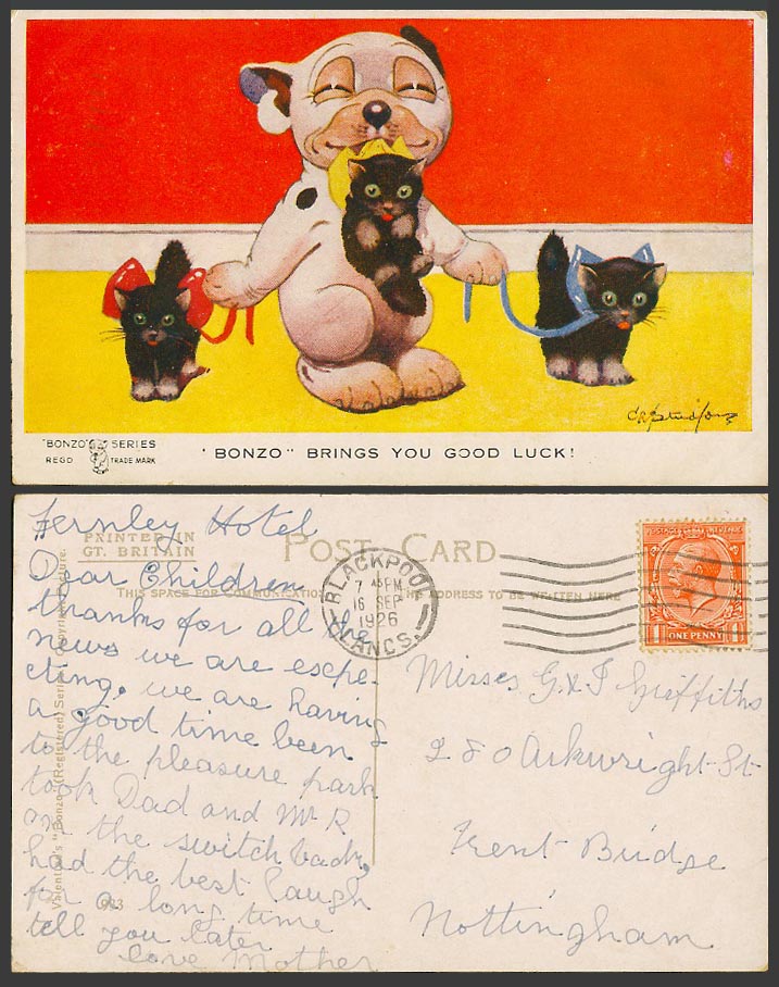 BONZO DOG GE Studdy 1926 Old Postcard Brings You Good Luck Black Cats Kitten 933