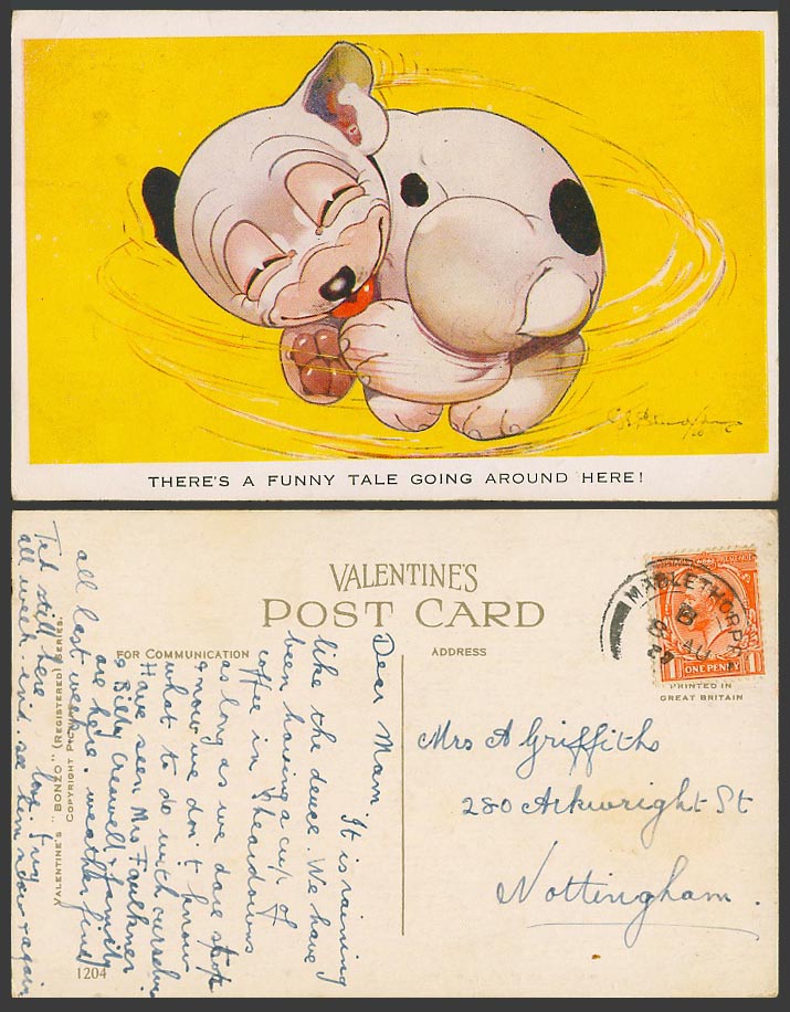 BONZO Dog GE Studdy 1928 Old Postcard Theres a Funny Tale Going Around Here 1204