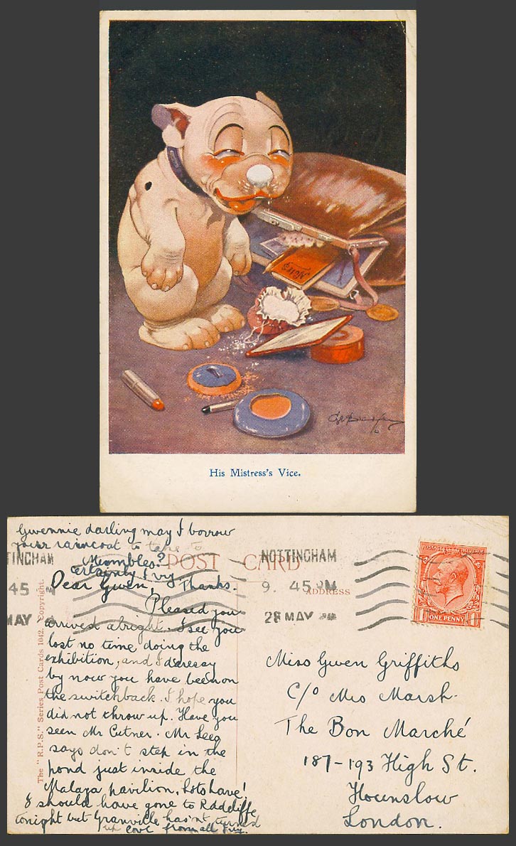 BONZO DOG GE Studdy 1920 Old Postcard His Mistress's Vice. Lipsticks Powder 1042