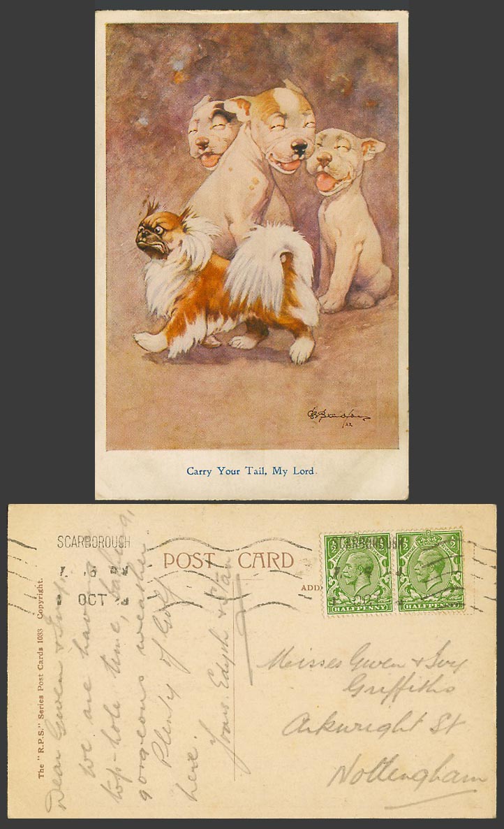 BONZO DOG GE Studdy 1918 Old Postcard Carry Your Tail My Lord Dogs Laughing 1033