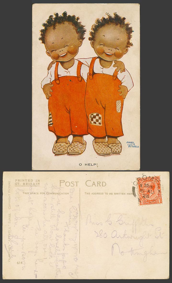 MABEL LUCIE ATTWELL 1923 Old Postcard O Help! Black Twin Boys or Girls Twins 614