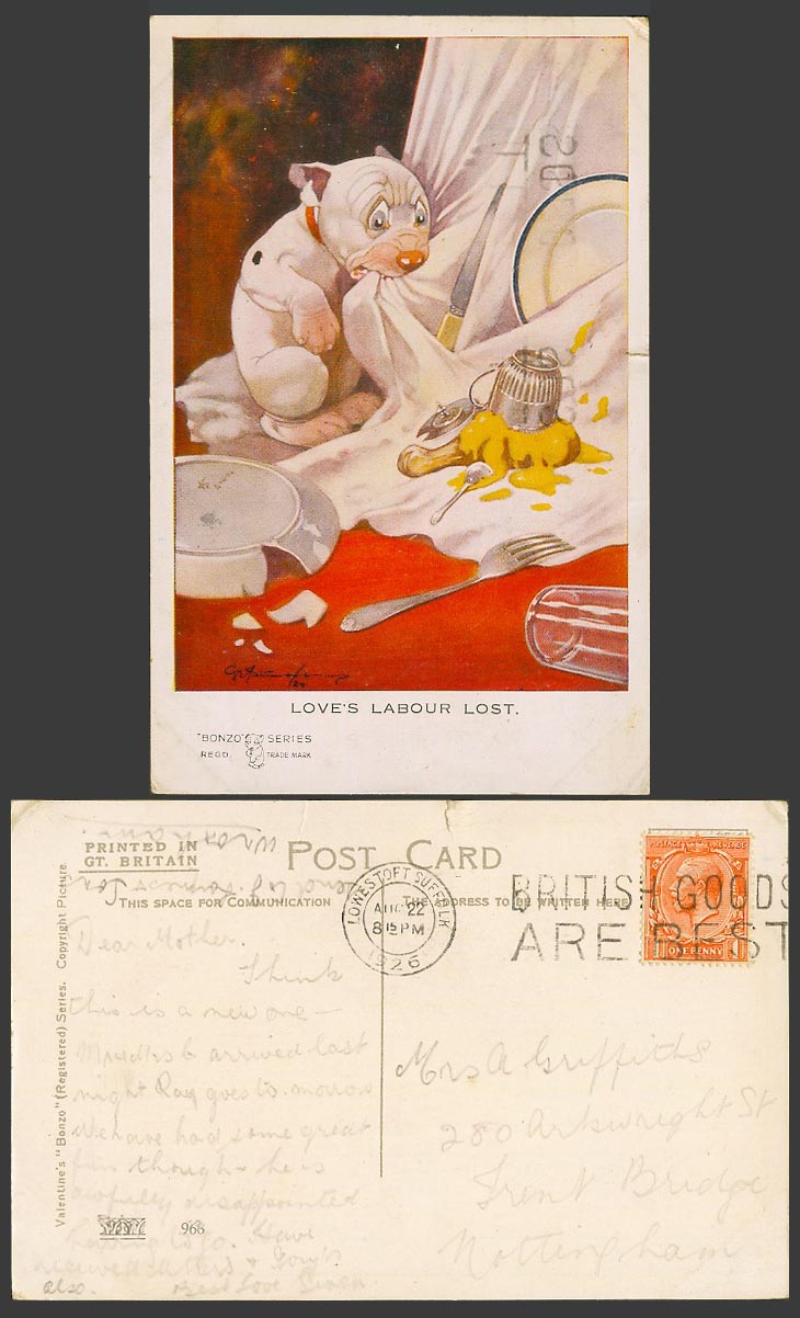 BONZO DOG GE Studdy 1926 Old Postcard Love's Labour Lost - Chicken Leg, Fork 968