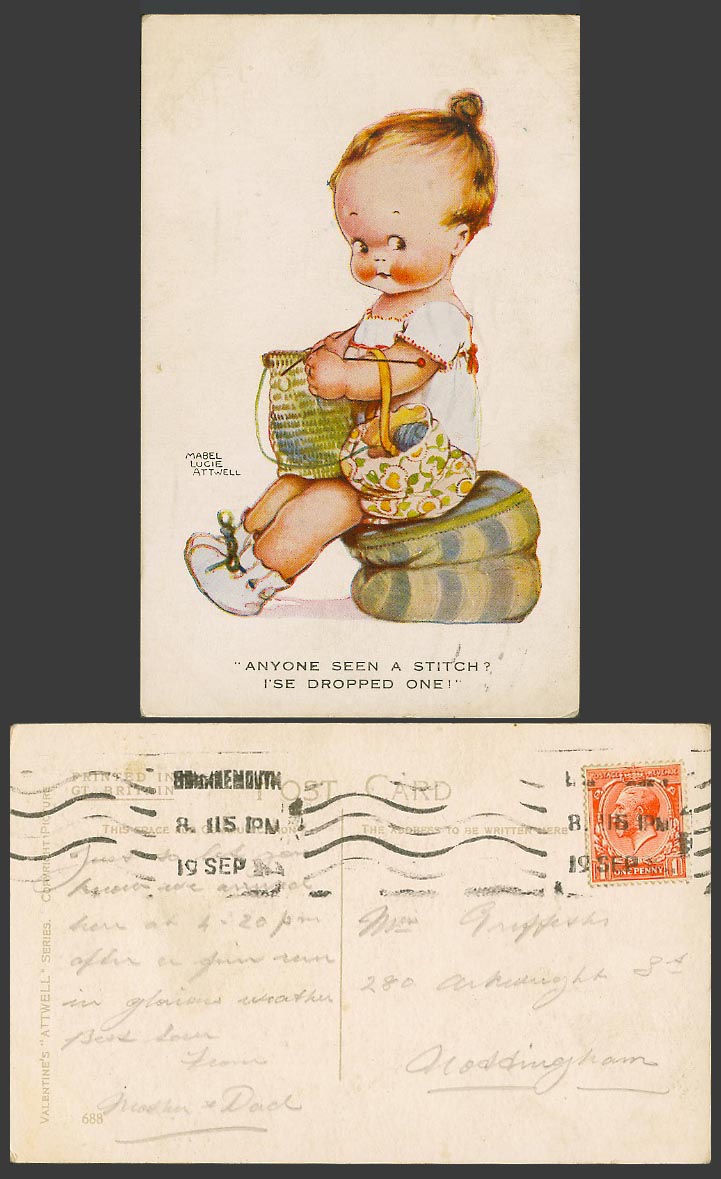 MABEL LUCIE ATTWELL Old Postcard Anyone Seen a Stitch? I'se Dropped One Knit 688