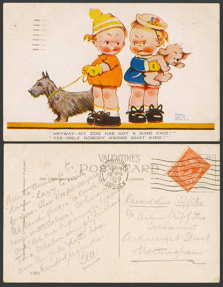 MABEL LUCIE ATTWELL 1928 Old Postcard Scottish Terrier MY DOG Has KIND FACE 1295