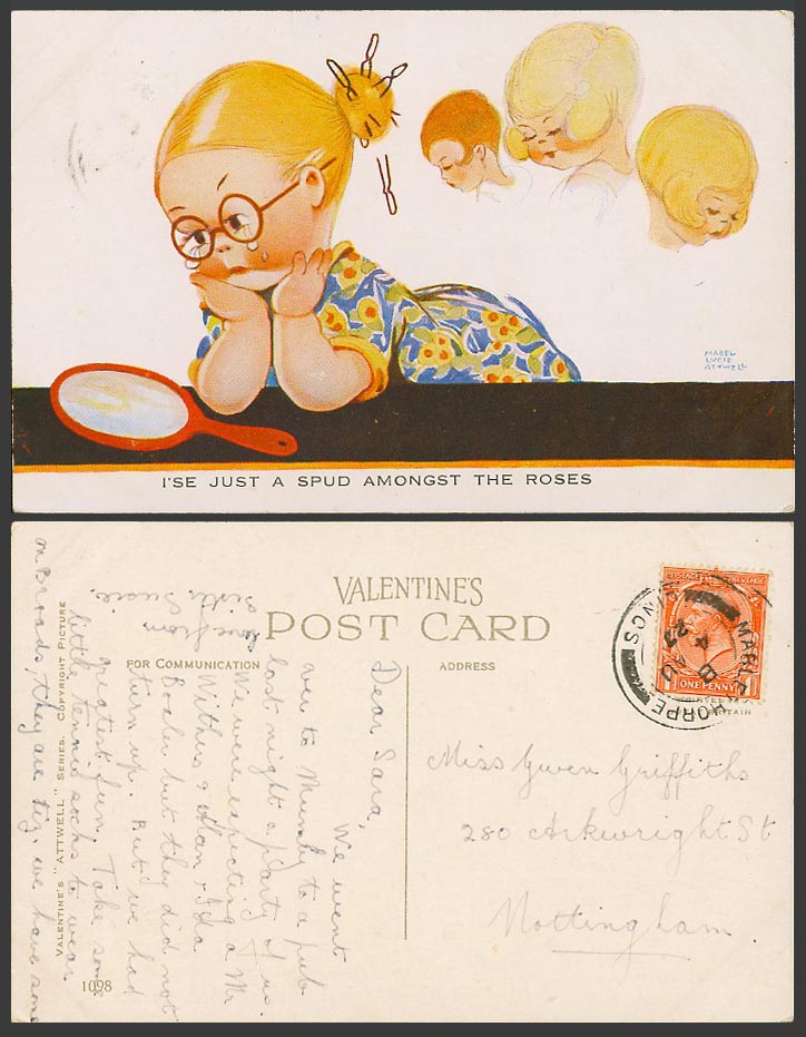 MABEL LUCIE ATTWELL 1927 Old Postcard I'se Just a Spud Amongst The Roses No.1098