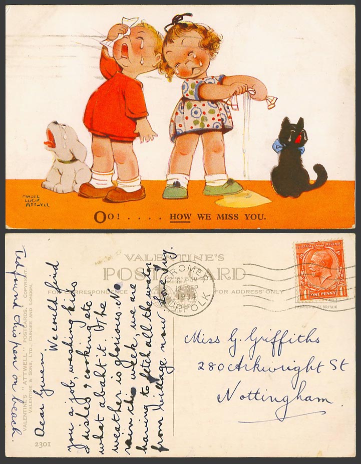 MABEL LUCIE ATTWELL 1934 Old Postcard Oo How We Miss You Girl Dog Black Cat 2301