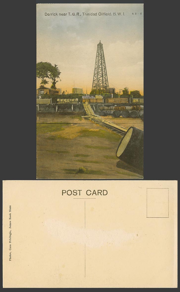 Trinidad Old Colour Postcard Derrick near T.G.R. Trinidad Oilfield Oil Field BWI