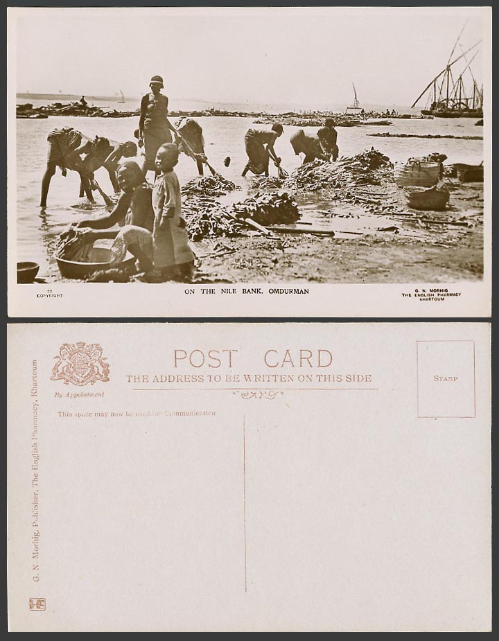 Sudan Old Real Photo Postcard Native Women On The Nile Bank, River Boats Harbour
