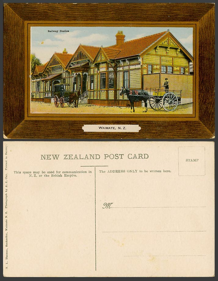 New Zealand Old Postcard Waimate, Train Railway Station Horse Carts Street Scene