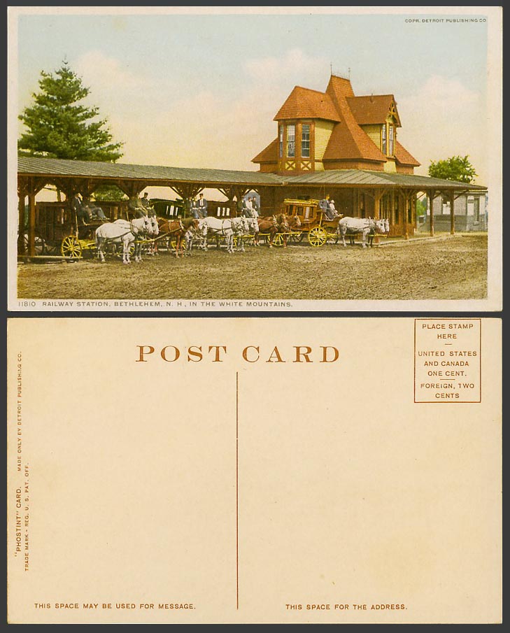USA Old Postcard Bethlehem Railway Station, N.H. in White Mountain, Horses Carts
