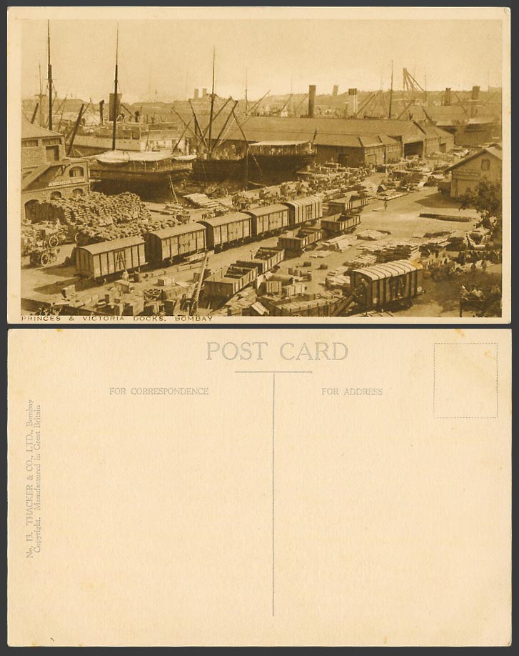 India Old Postcard Bombay Princes & Victoria Docks, Anchor Line Ships GIP Trains
