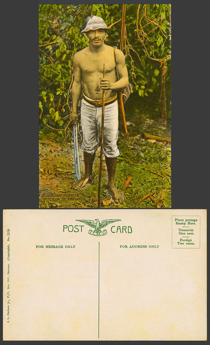Panama Old Colour Postcard A Jaguar Hunter with Hunting Sword Spear and Gun Hunt