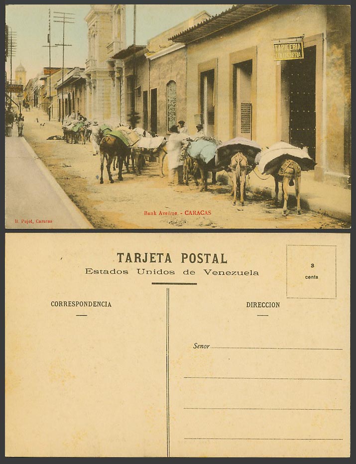 Venezuela Old Colour Postcard Caracas Park Avenue, Tapiceria Colchoneria Donkeys