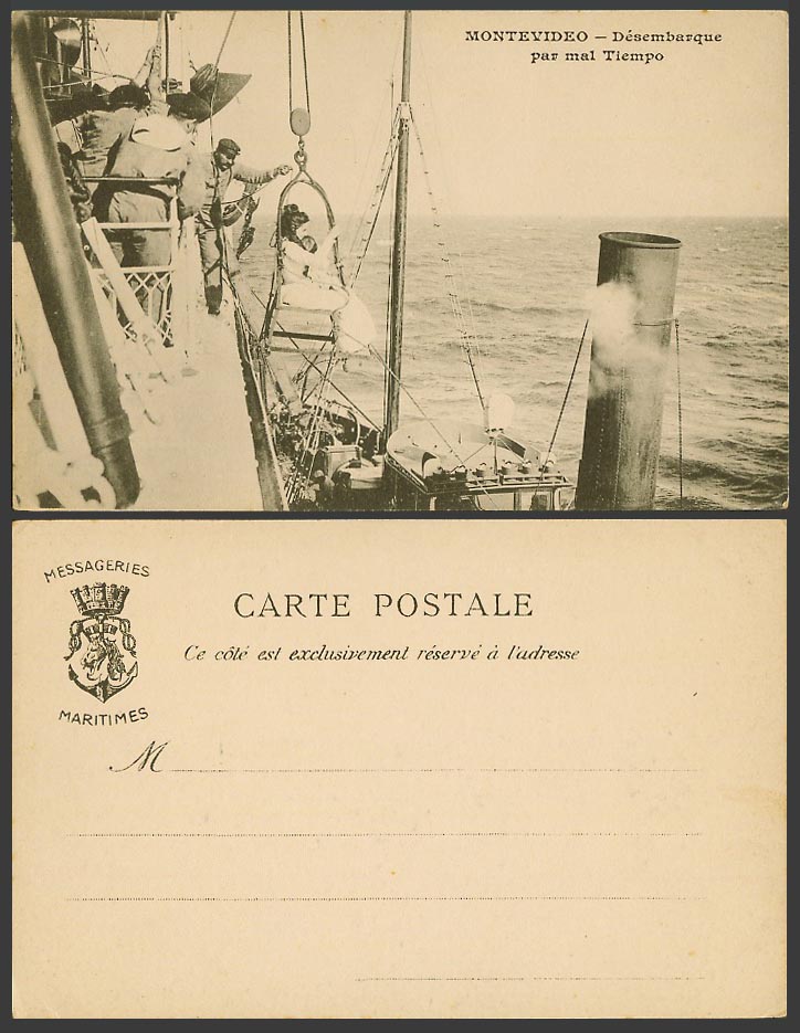 Uruguay Montevideo Old UB Postcard Disembarkation due to Bad Weather, Steam Ship