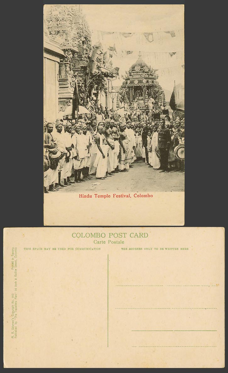 Ceylon Old Postcard Hindu Temple Festival, Colombo, Native Men, Flag Drum Police