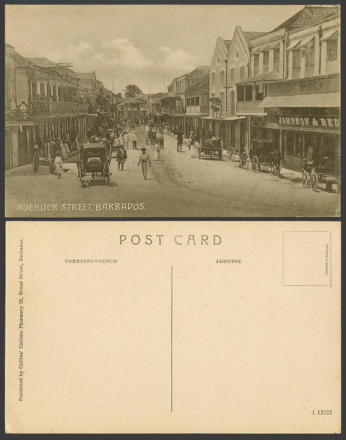 Barbados Old Postcard Roebuck Street Scene Bridgetown, Johnson & Red Horse Carts