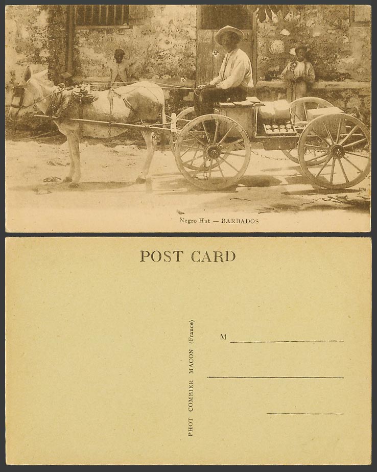 Barbados B.W.I Old Postcard Negro Hut House Native Donkey Cart Driver Little Boy