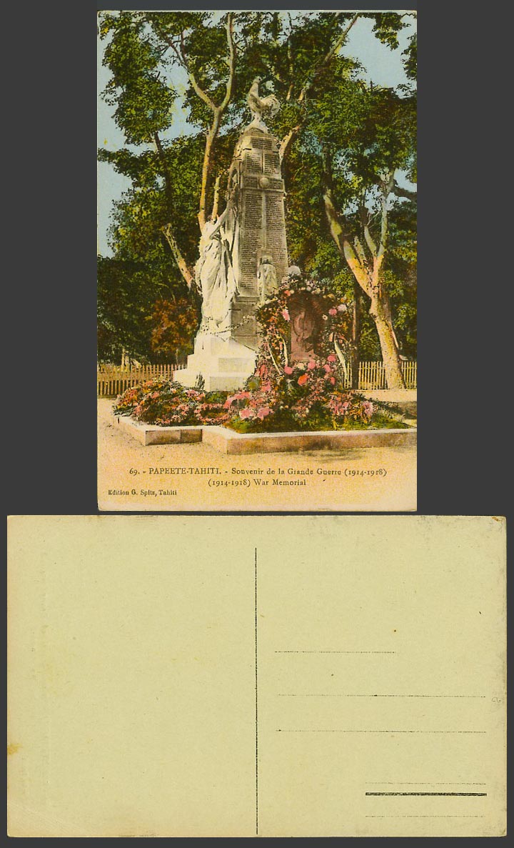 Tahiti Old Postcard Papeete Pape'ete 1914-1918 WW1 War Memorial Rooster Bird 69.
