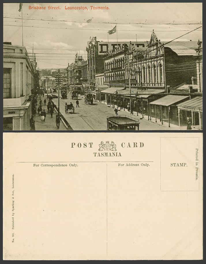 Australia Tasmania Old Postcard Launceston, Brisbane Street Scene, TRAM Tramway