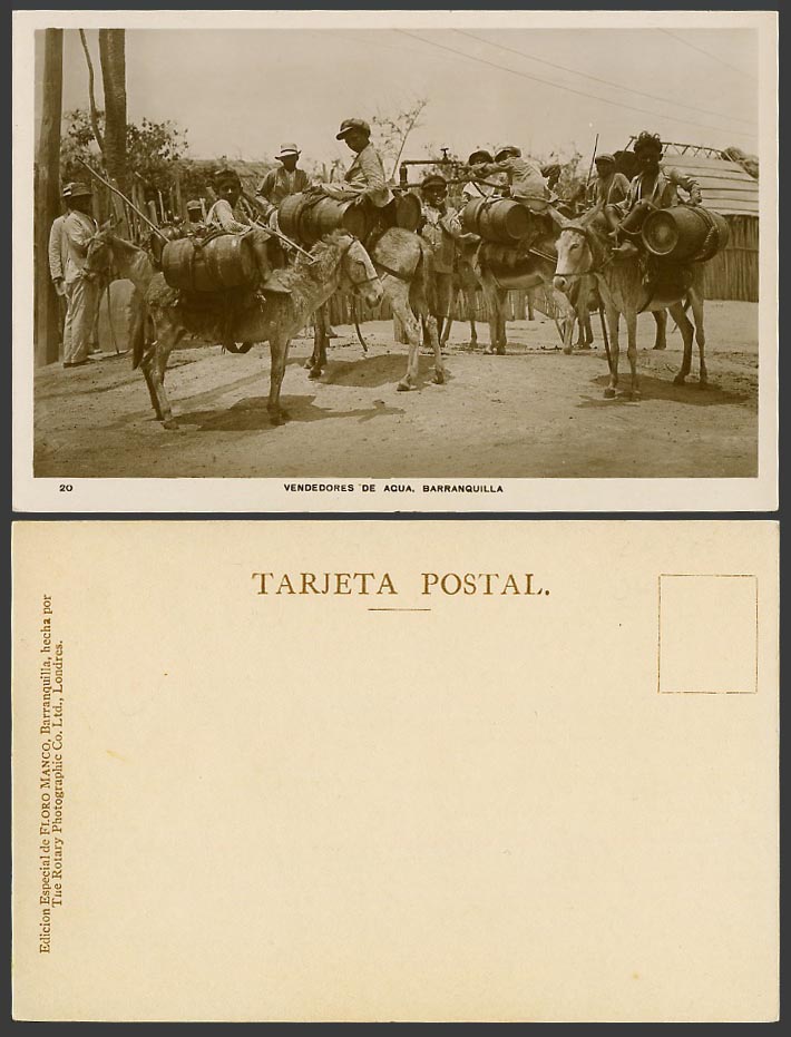 Colombia Old RP Postcard Barranquilla Vendedores de Aqua Water Sellers on Donkey