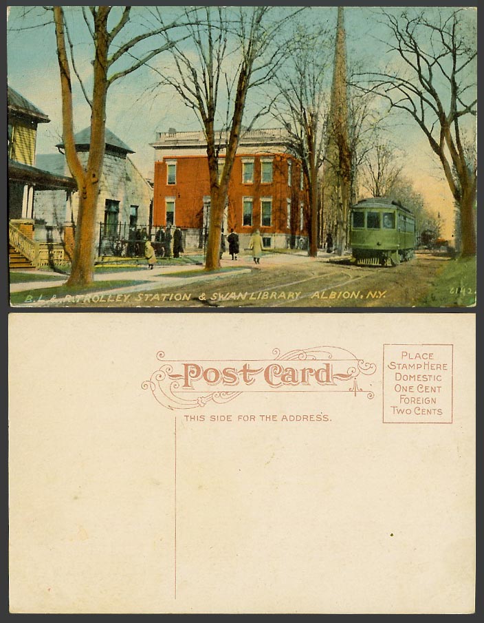 USA Old Postcard TRAM B.L. & R Trolley Station Swan Library Albion N.Y. New York